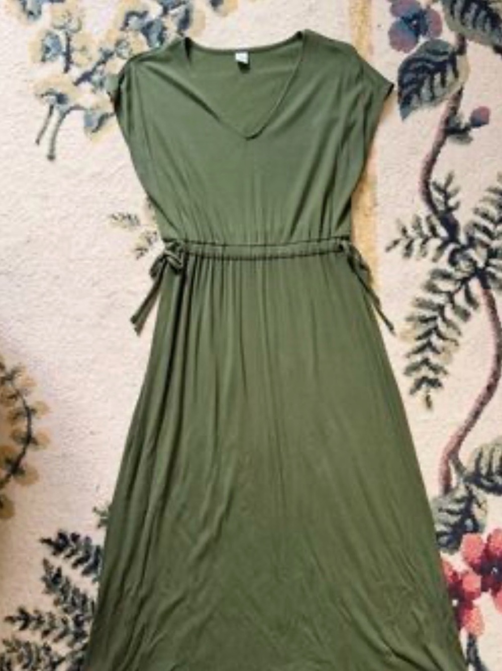 Olive Green V-Neck Maxi Dress with Tie Side Waist Flattering